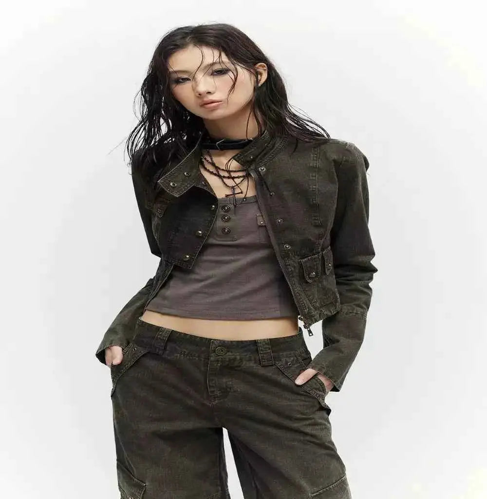 Y2K Retro Army Green Zipper Jacket for Women Harajuku Slim Fit Denim Coat Autumn Winter Short Stand Collar Goth Style