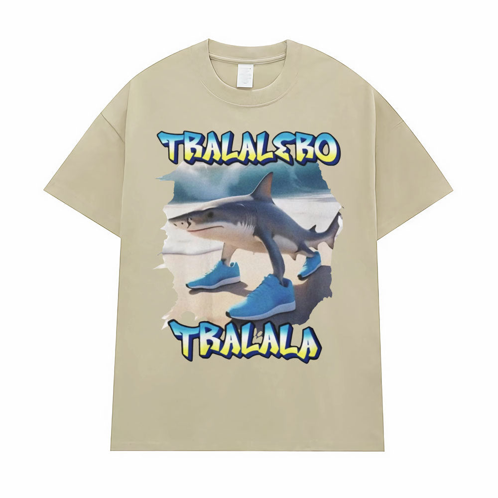 Khaki Tralalero Tralala Funny Running Shark Meme T-Shirt lifestyle look for men - TeenStylo