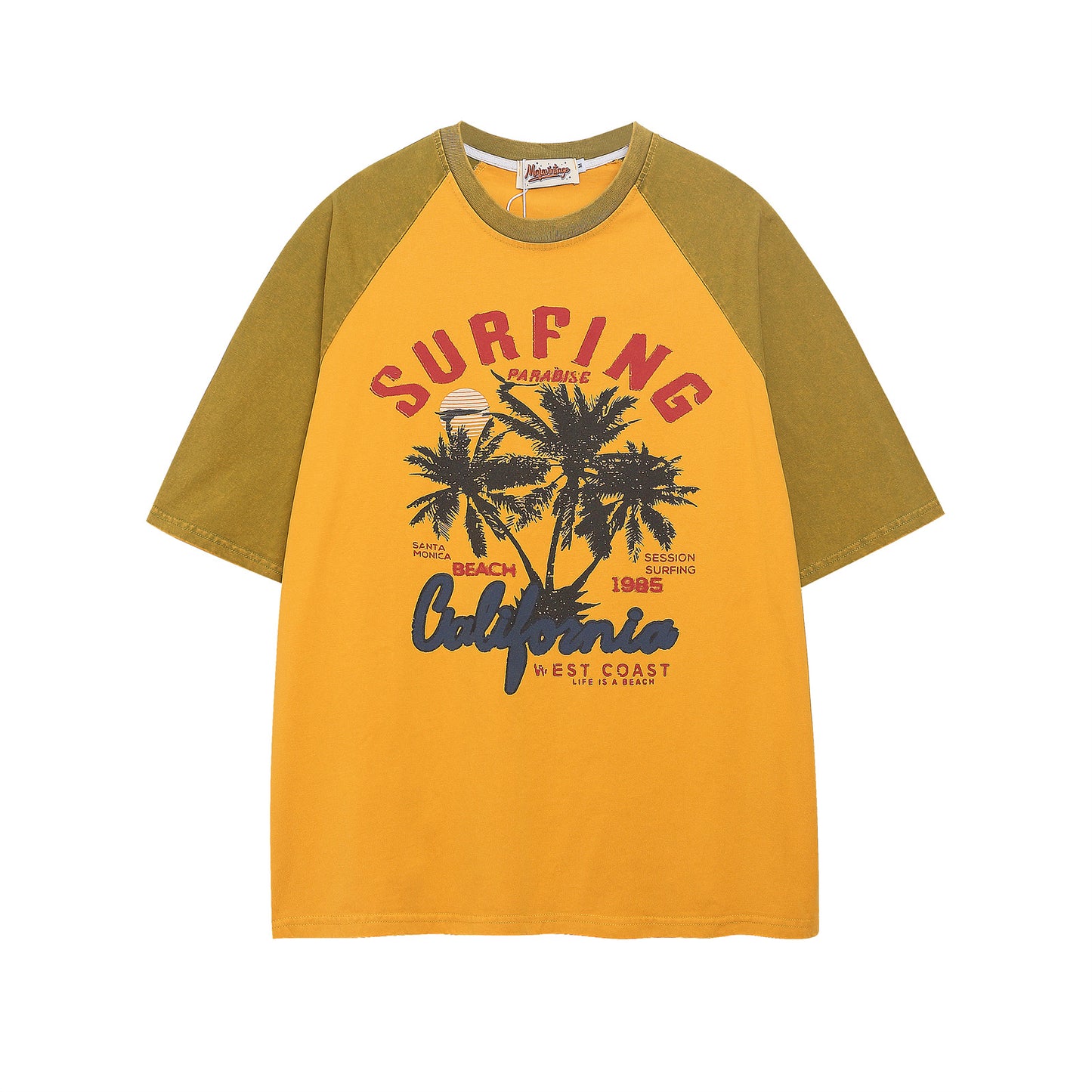 Yellow retro colorblock coconut tree print unisex short sleeve lifestyle photo TeenStylo