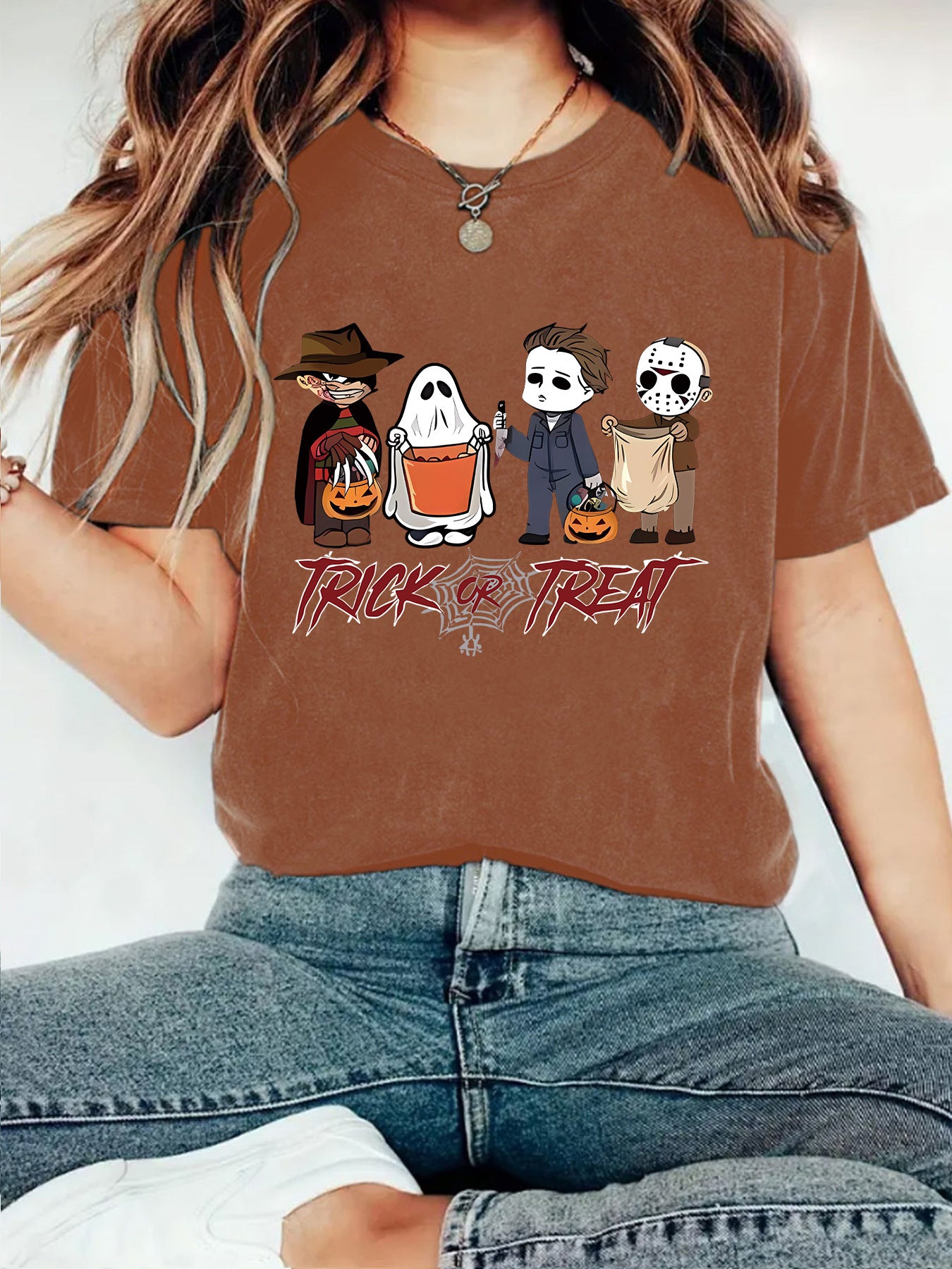 Embroidered red funny character print unisex short sleeve T-shirt lifestyle shot – TeenStylo