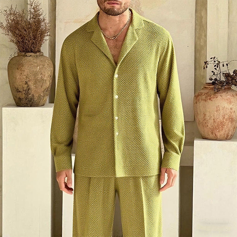 Yellow-green long sleeve shirt and pants casual summer set for men streetwear style TeenStylo