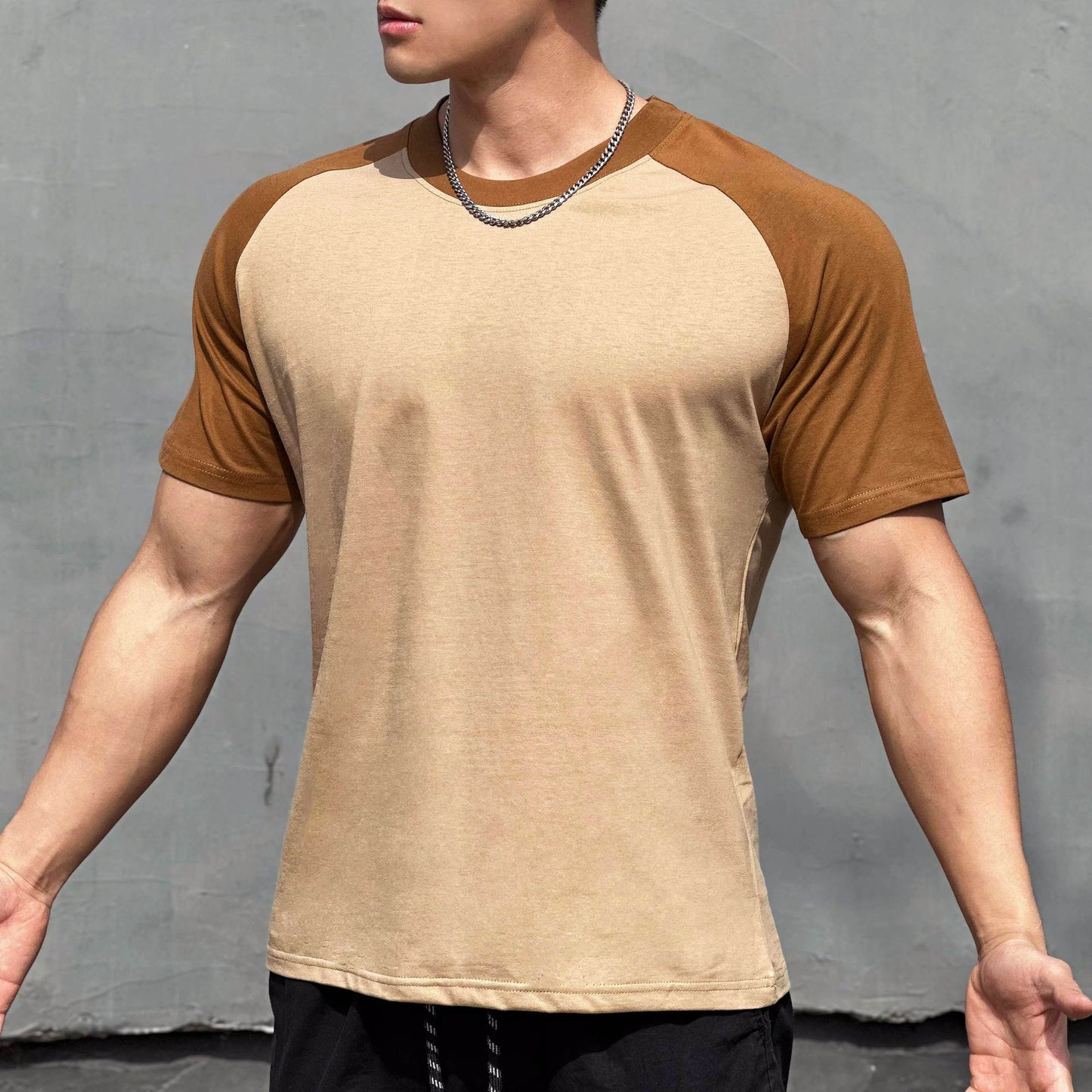 Men's camel color-blocked raglan sleeve t-shirt casual streetwear style at TeenStylo