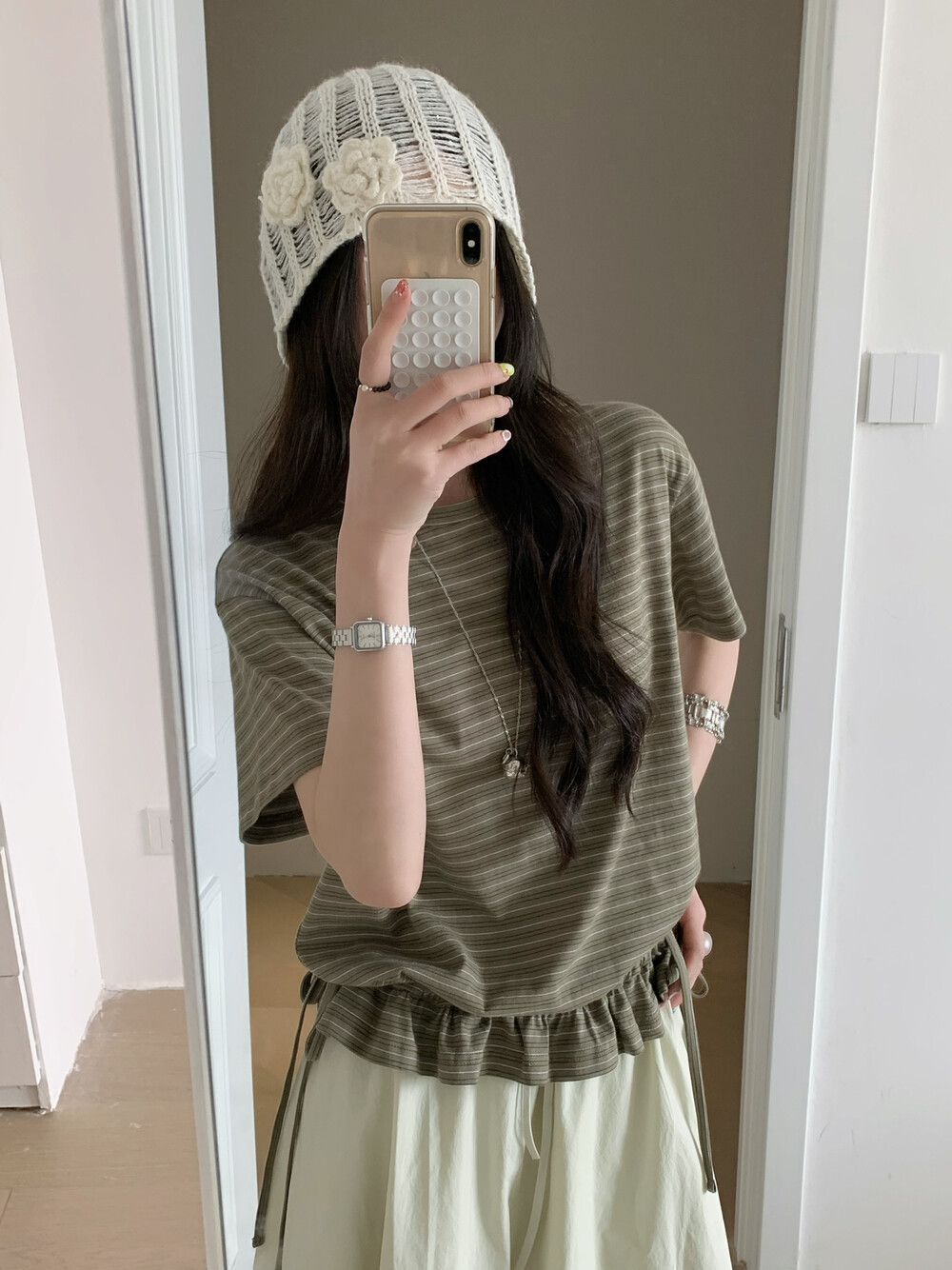 Green striped ruffled short sleeve t-shirt lifestyle look women streetwear fashion TeenStylo