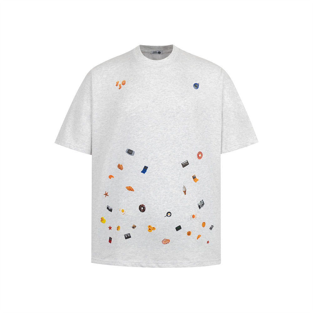 Men's snowflake gray cartoon sticker print short sleeve t-shirt lifestyle shot by TeenStylo