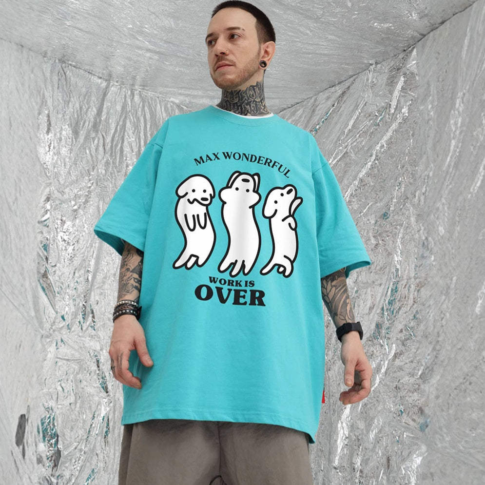 Men's oversized fluorescent green sausage dog print cotton T-shirt summer short sleeve streetwear lifestyle at TeenStylo