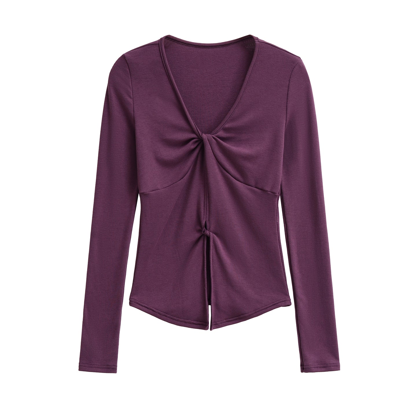 Purple unisex V-neck long sleeve T-shirt lifestyle shot, Y2K streetwear style at TeenStylo