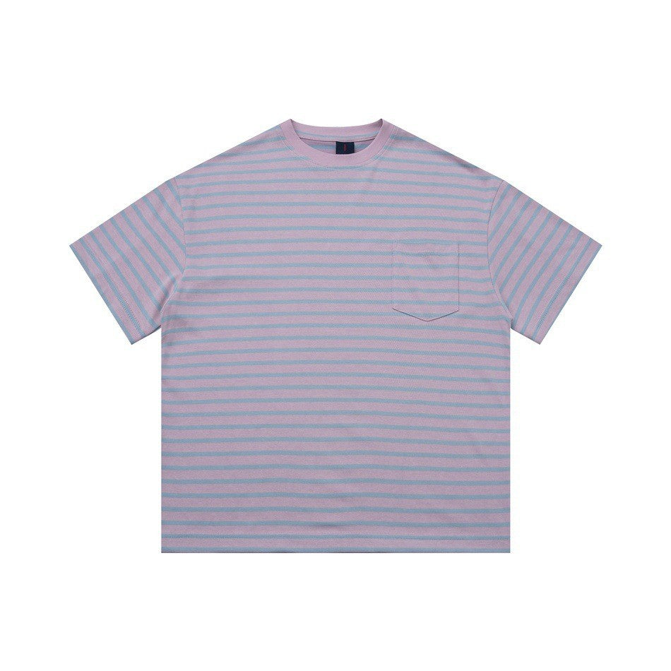 Purple striped men's loose fit college style stripe t-shirt lifestyle shot TeenStylo