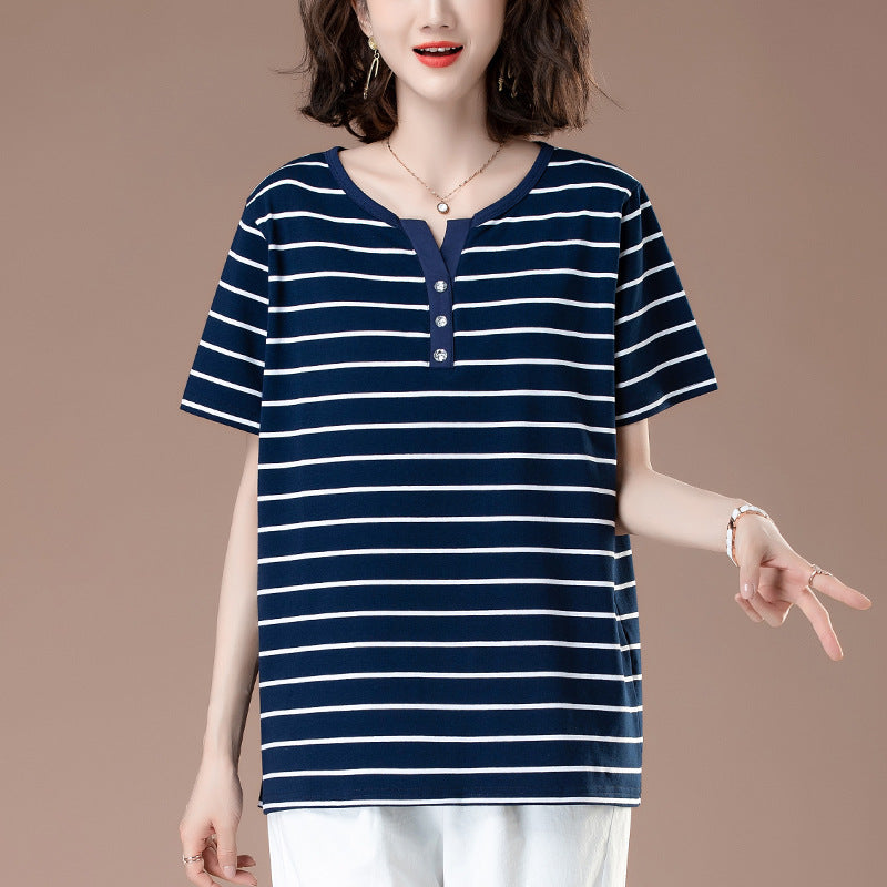 Royal blue striped unisex short sleeve t-shirt lifestyle style shot | TeenStylo