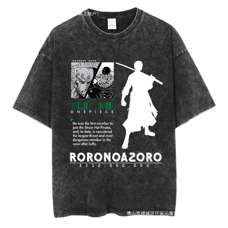 Black Unisex One Piece Zoro Anime Y2K Harajuku Streetwear T-Shirt Lifestyle Shot – TeenStylo