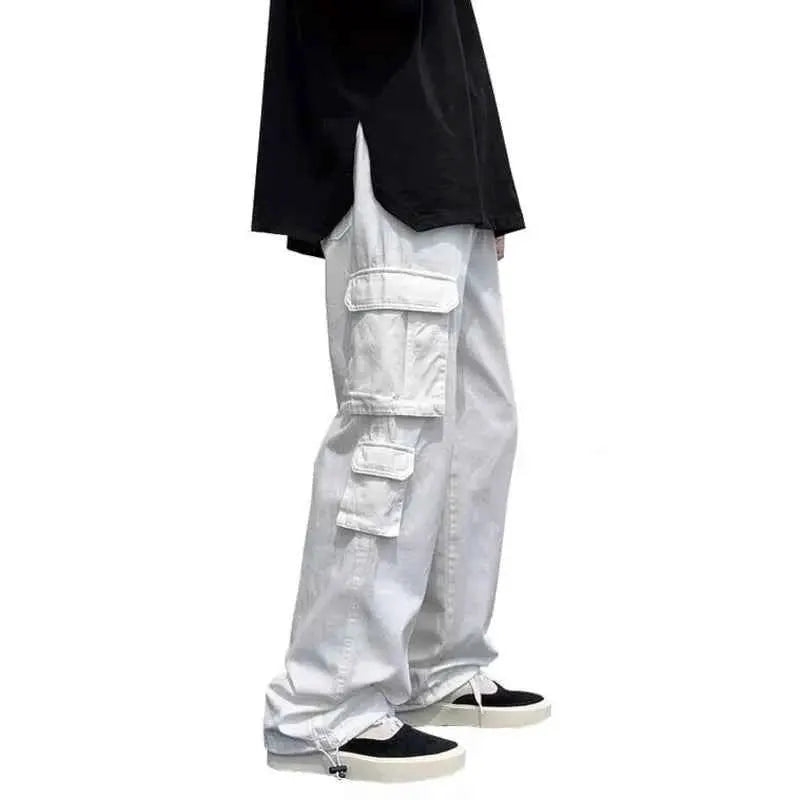 Men Black White Cargo Pants Loose Wide Leg Streetwear Hip Hop Casual Trousers Everyday Style