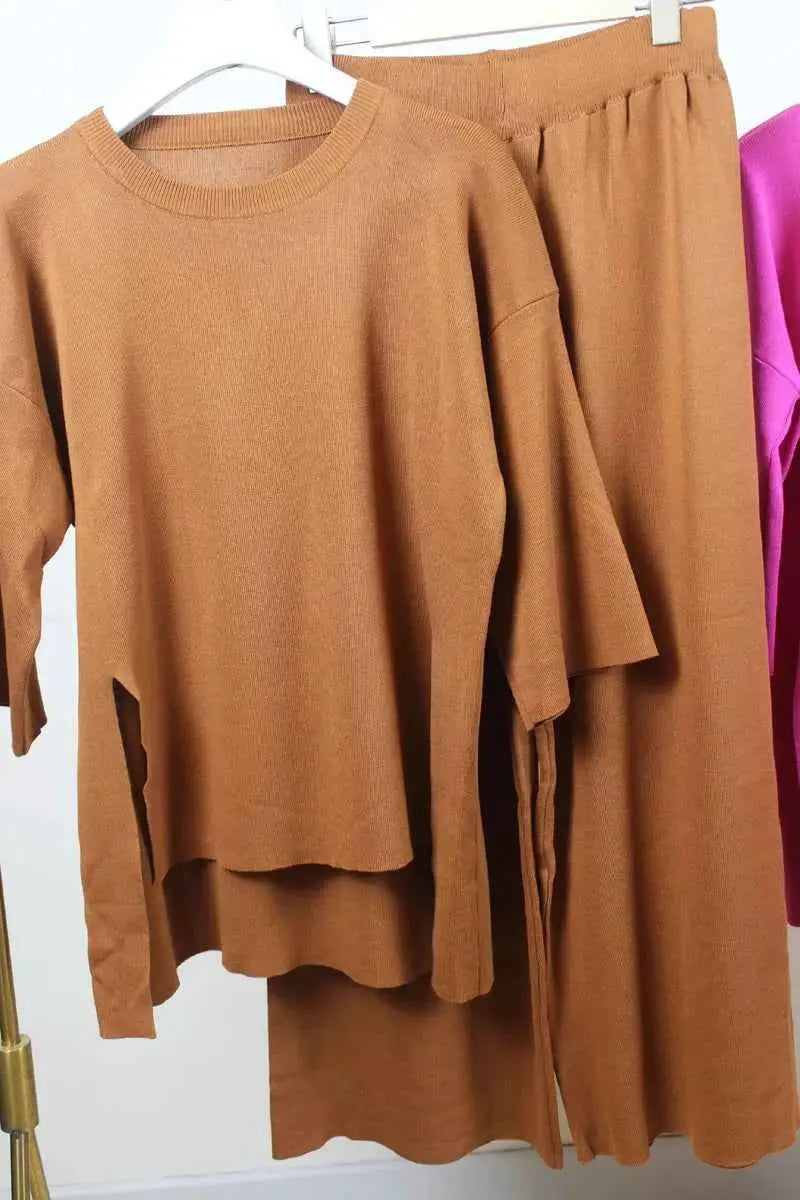 Summer Tracksuit Women Two Piece Set Side Slit Knitwear Casual Knitted Outfit 2024