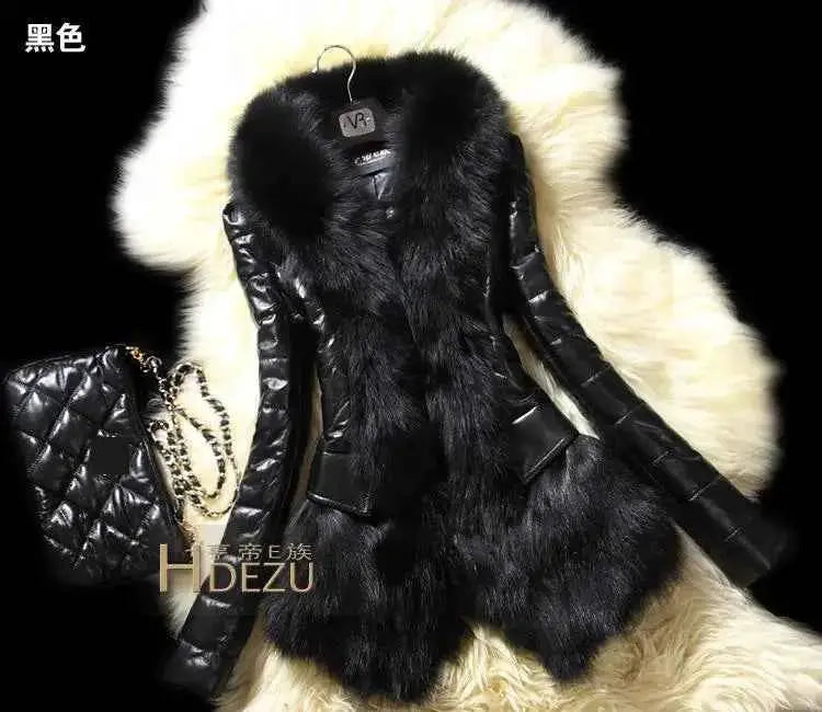 PU Leather Faux Fur Coat For Women With Black Faux Fur Collar Casual Fluffy Jacket 2021
