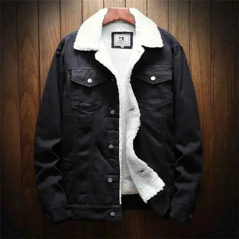 Winter Jean Jacket For Men Warm Denim Coat With Thick Fleece Liner Cowboy Style Black Blue Plus Size 6XL