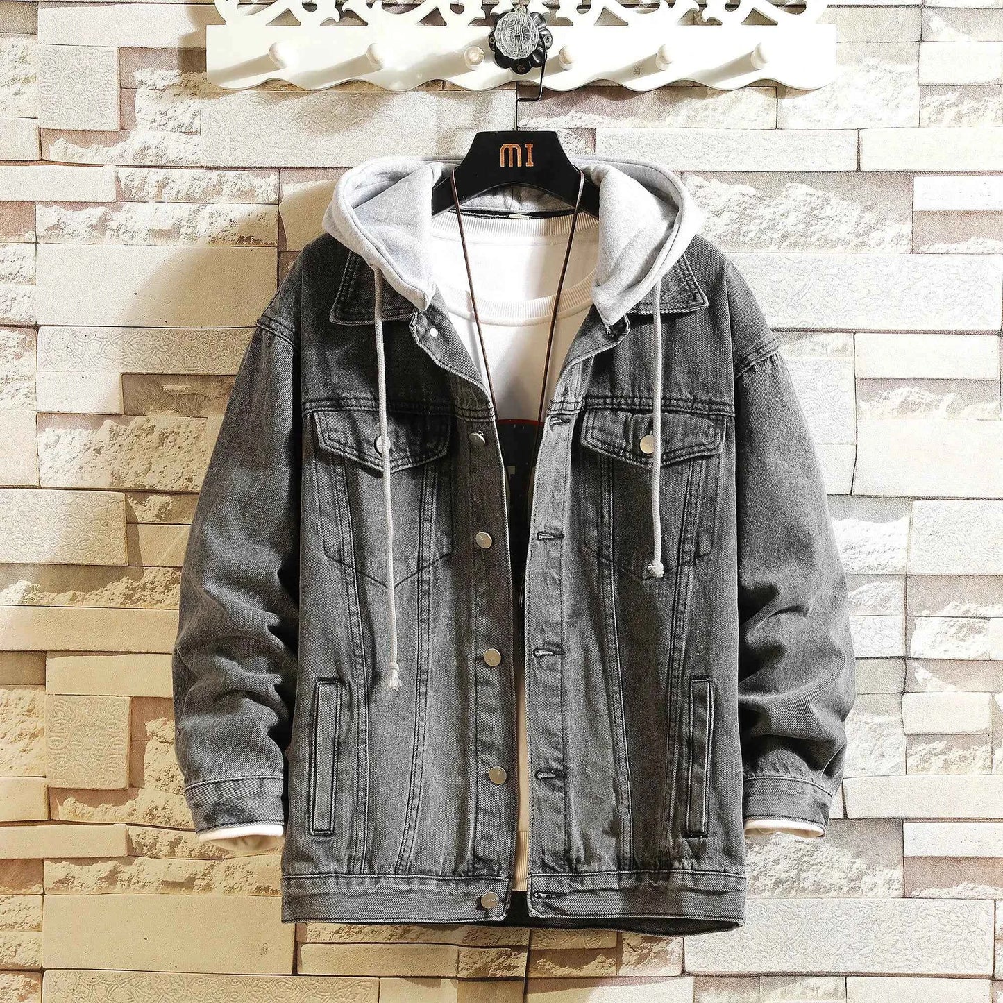 Mens Hooded Denim Jacket Casual Streetwear Solid Color Turn Down Collar Detachable Hood Jeans Coat