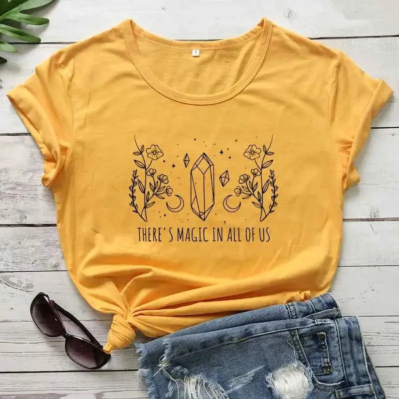 There Is Magic In All Of Us T Shirt Aesthetic Crystal Moon Wiccan Graphic Tee For Women Vintage Short Sleeve Witch Top