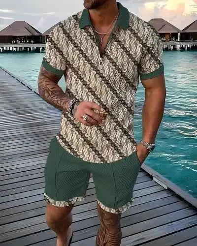 Mens Summer Tracksuit Set 3D Printed Casual Short Sleeve T Shirt With Lapel Zip Polo For Jogging