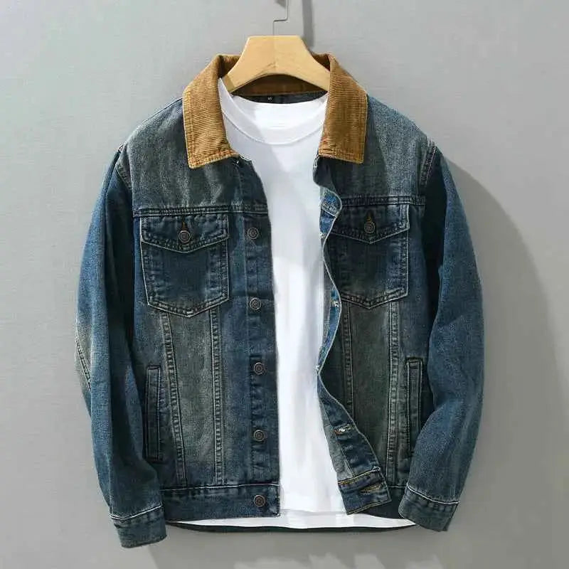 Patchwork Denim Jacket For Men Spring Autumn Vintage Casual Slim Fit Distressed Washed Jeans Outerwear