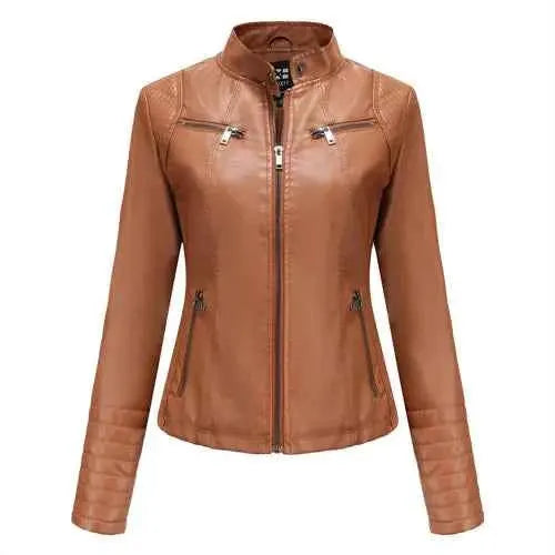 2026 Women's Slim Leather Jacket With Stand Up Collar Zipper Stitching Monochrome PU Coat Fashion Clothing