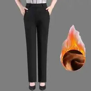 Women Winter Fleece High Waist Black Straight Pants Slim Elegant Thickened Large Size Trousers