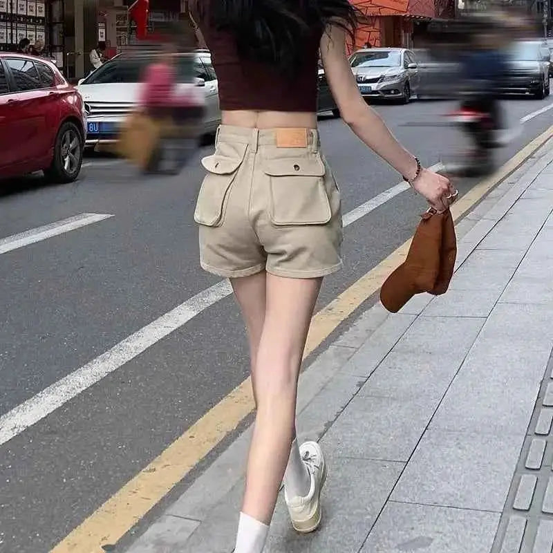 Khaki Pocket Baggy High Waist Cargo Denim Shorts for Women Korean Style Harajuku Summer Fashion