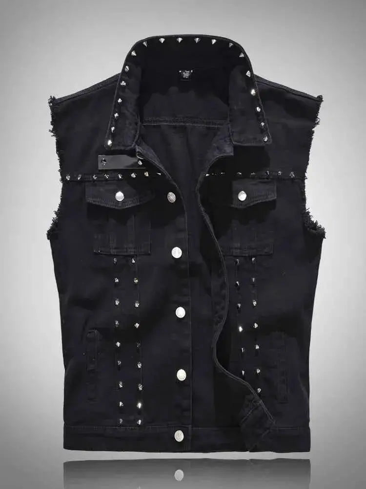 Mens Rivet Denim Vest Studded Sleeveless Jacket 6XL Plus Size Slim Fit Punk Party Wear Spring Fashion