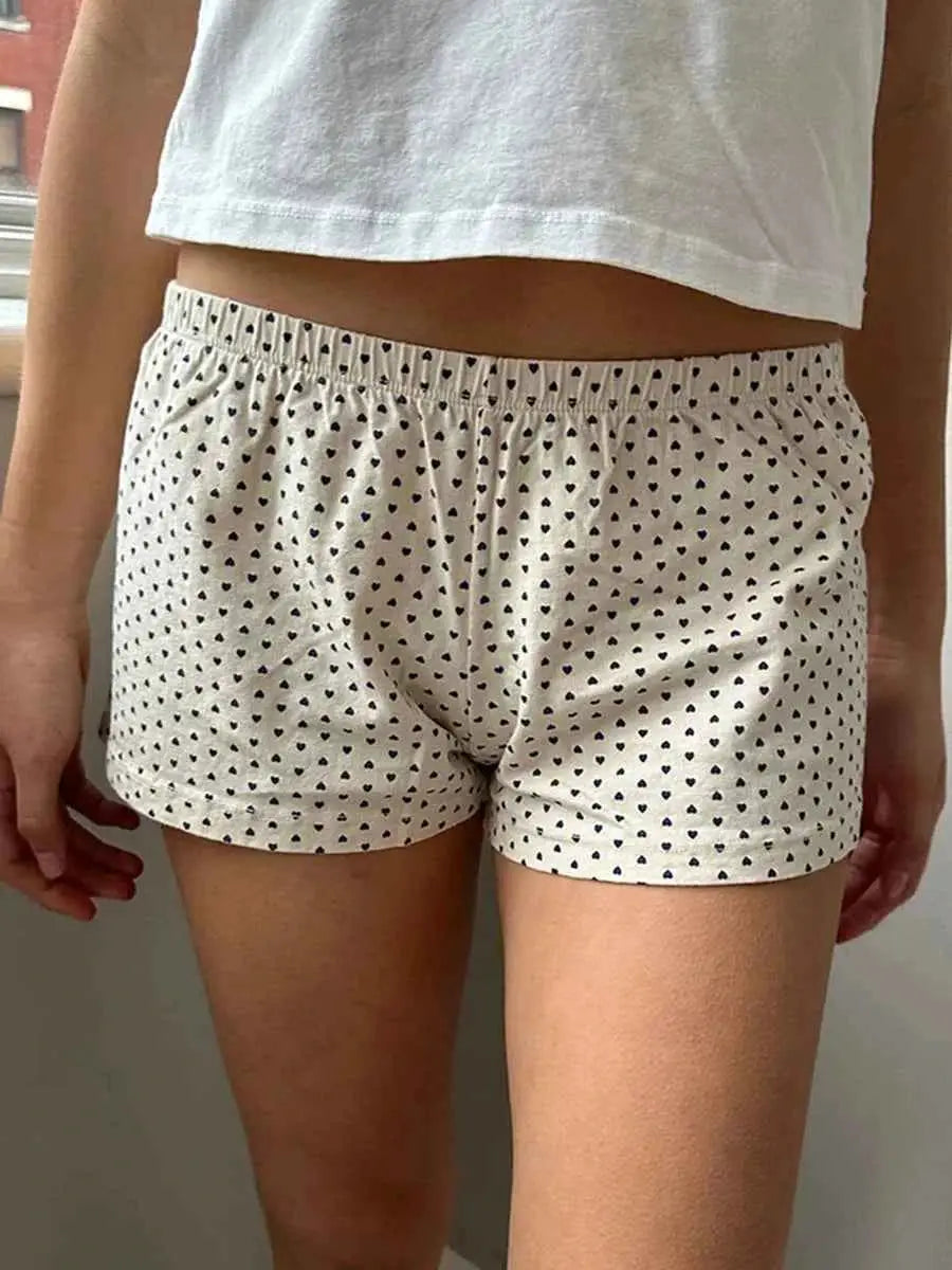 Heart Print Cotton Shorts Women Elastic High Waist Summer Casual Sweat Shorts Boho Chic Vintage Bottoms