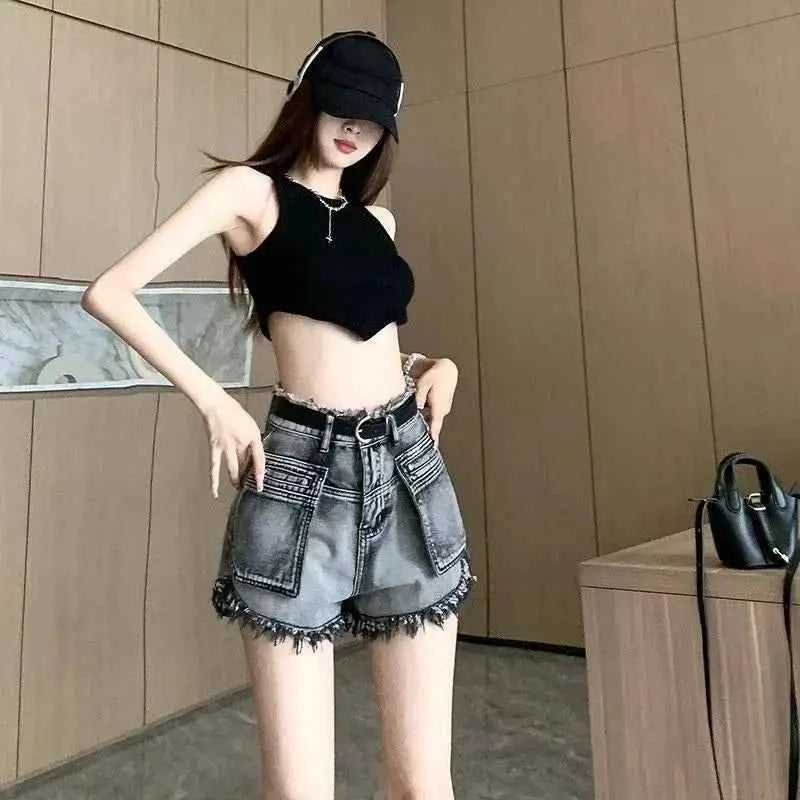 Korean Style High Waist Cargo Denim Shorts For Women Flowing Elastic Fit Trend 2025 Jeans Pants