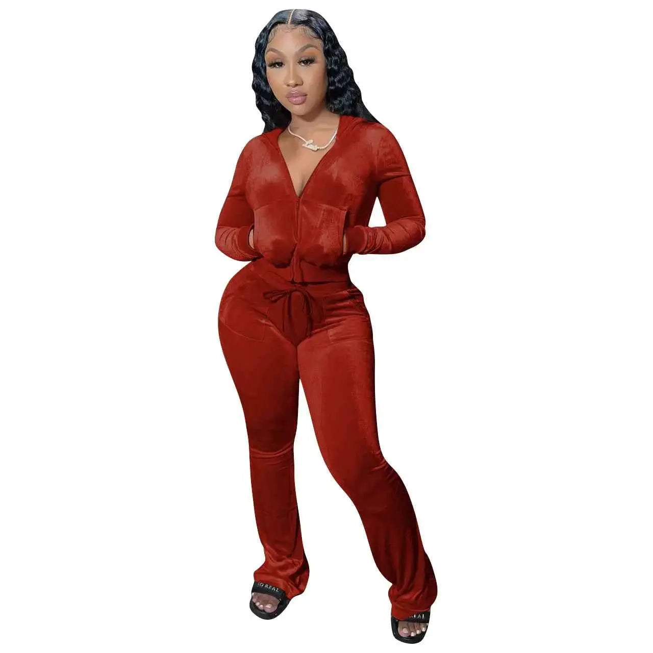 Women Autumn Velour Tracksuit Set Two Piece Zip Up Hooded Jacket Bodycon Flared Pants Jogger Outfit