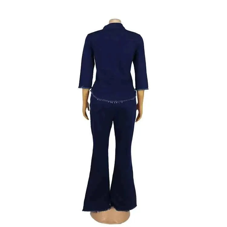 Women Two Piece Cowboy Suit Set With Jean Jacket And Flare Pants Single Breasted Turndown Collar Casual Ensemble