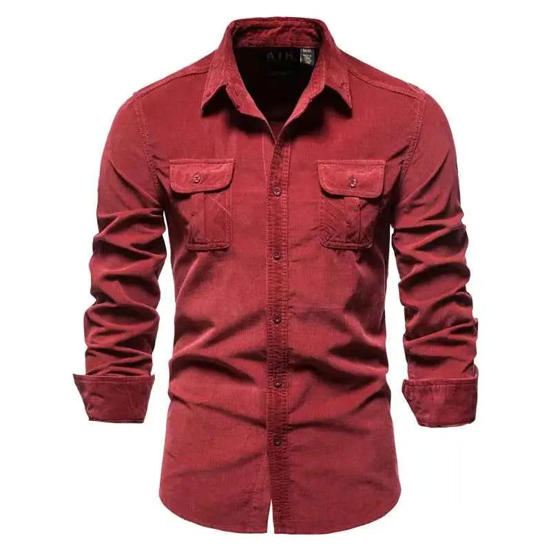 New Single Breasted 100 Percent Cotton Mens Shirt Corduroy Business Casual Solid Color Slim Fit Autumn