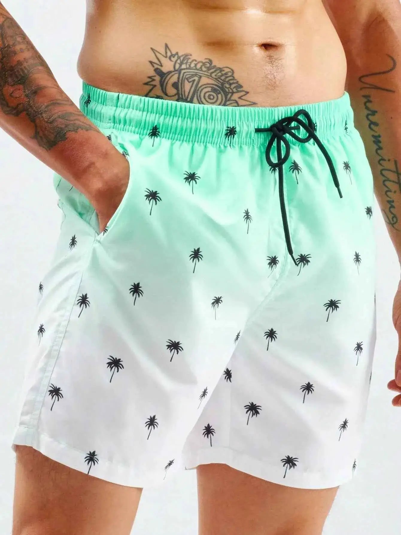 Summer Mens Beach Shorts Coconut Tree Print Drawstring Elastic Waist Breathable Swim Trunks 3D Gradient Streetwear
