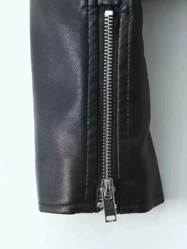 BBWM Faux PU Leather Jacket for Women Short Zipper Lapel Motorcycle Style High Street Coat