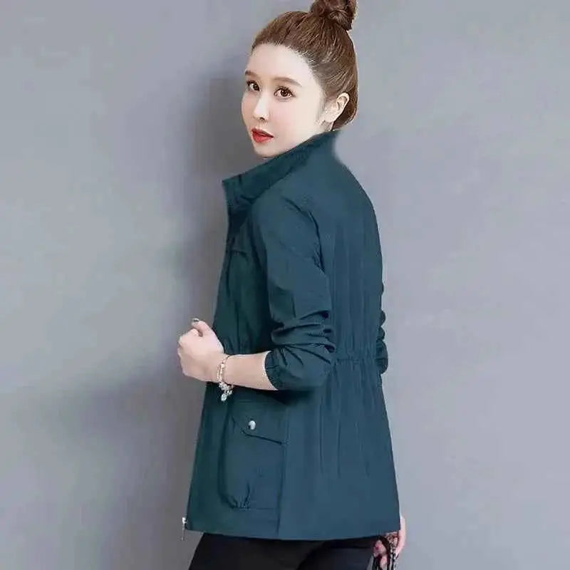 Women's Short Jacket Windbreaker Double Layer Autumn Casual Slim Fit Coat Stand Up Collar Fashion Ladies Outerwear