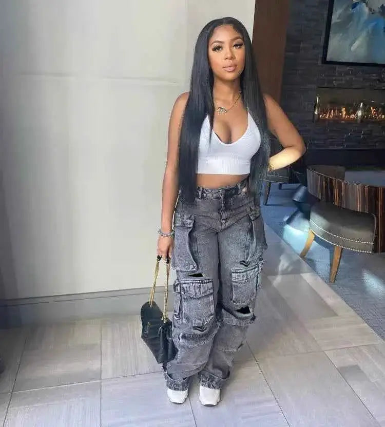Women Denim Straight Pants High Waist Cargo Jeans Streetwear Casual Trousers Multi Pocket
