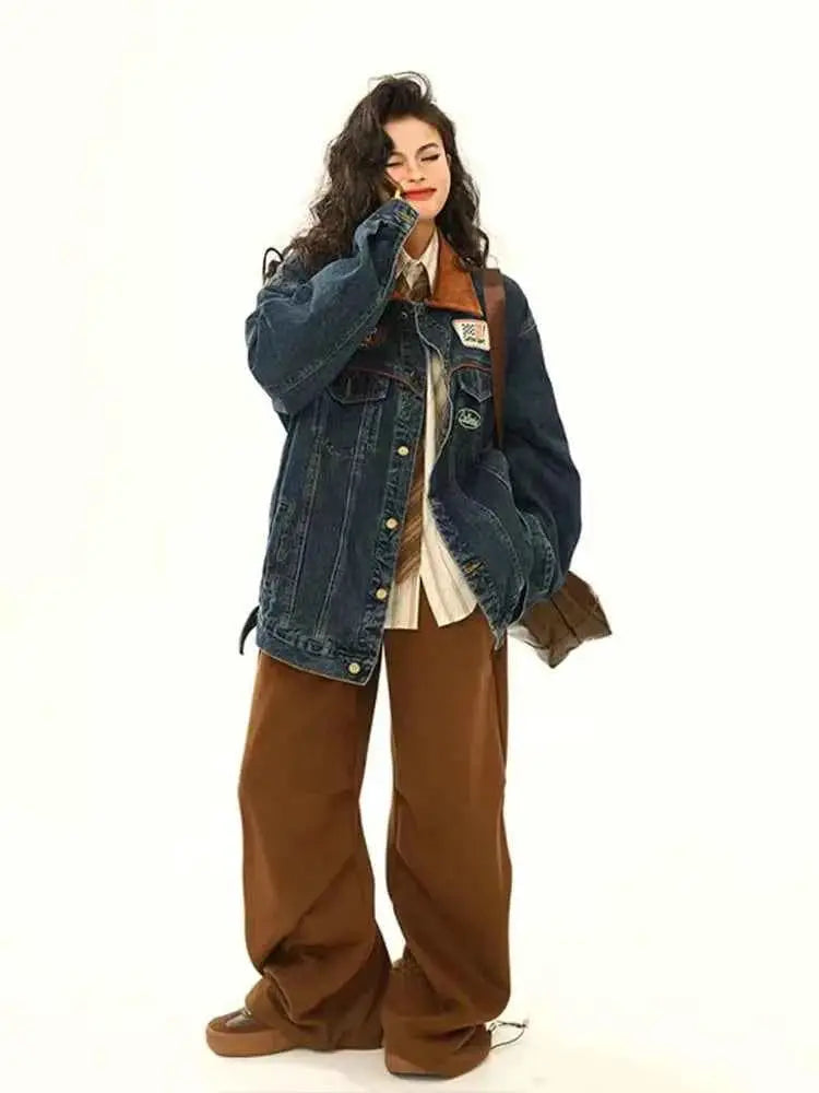 Retro Denim Jacket For Women 2024 Single Breasted Long Sleeve Loose Fit Korean Fashion Turn Down Collar Jean Blue Coat