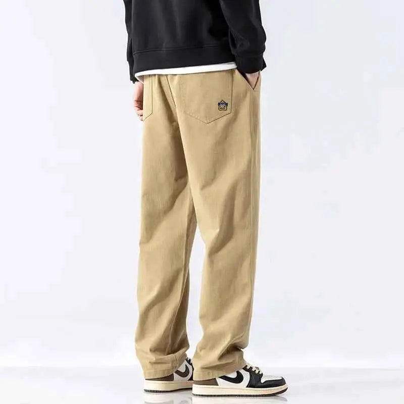 HIQOR Men Casual Cotton Vintage Jogger Pants Loose Straight Wide Leg Cargo Streetwear Trousers