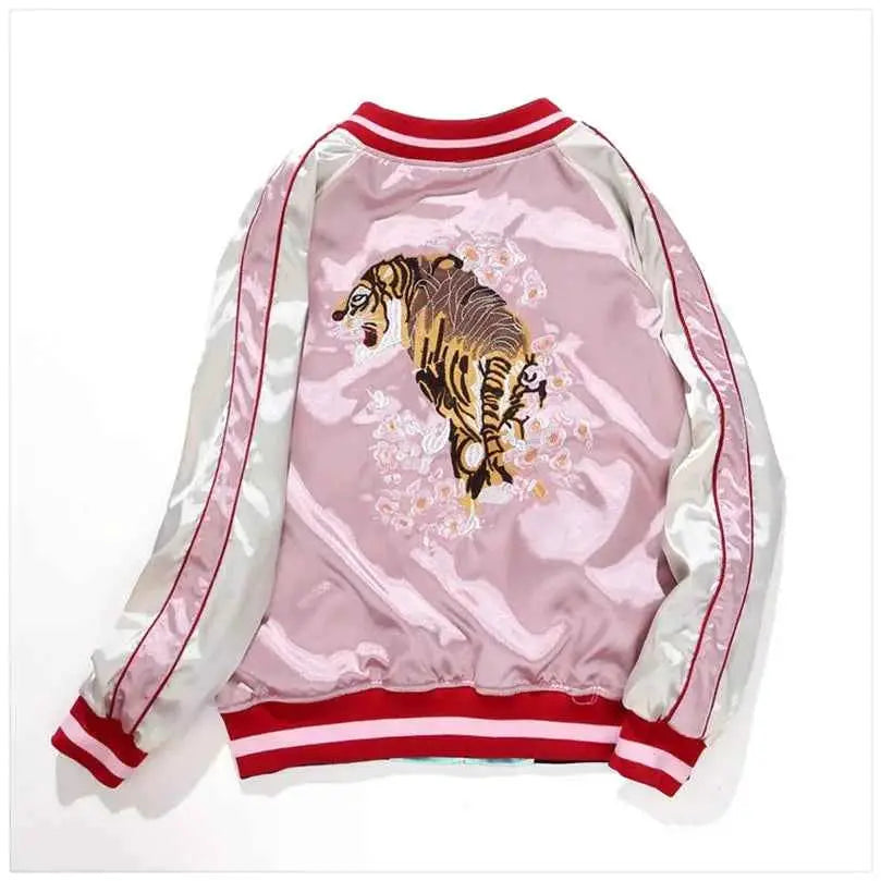 Double Sided Satin Baseball Jacket Women Featuring Mount Fuji Yokosuka Japanese Artwork Sky Blue And Pink By TeenStylo