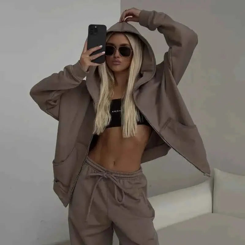 Casual Solid Tracksuit Two Piece Set Women Hooded Zipper Coat Sweatpants 2025 New Loose Fit