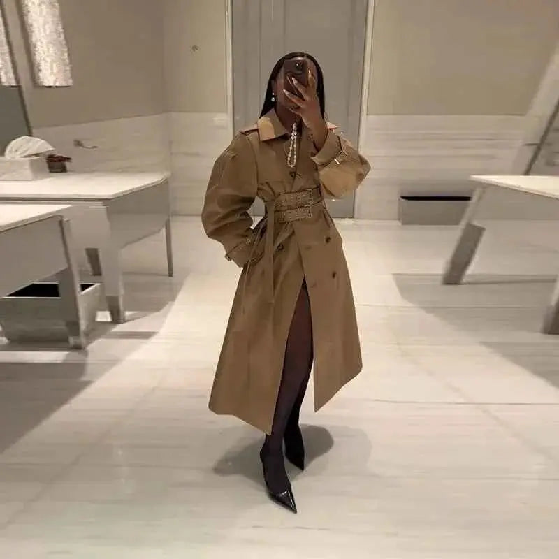 Khaki Women Windbreaker Jacket Double Belt Long Sleeve Lapel Button Casual Streetwear 2025 Autumn Winter
