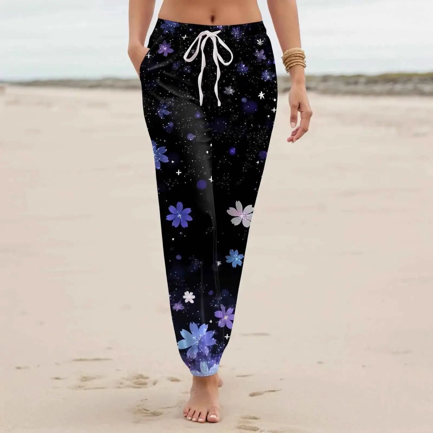 Women Casual Vintage Floral Printed Harem Pants With Pockets Drawstring Elastic Waist Beach Vacation Long Trousers