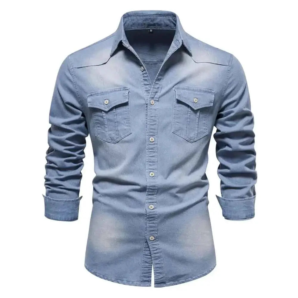 Mens Elastic Cotton Denim Shirt With Stretch Long Sleeve Slim Fit Casual Cowboy Shirt