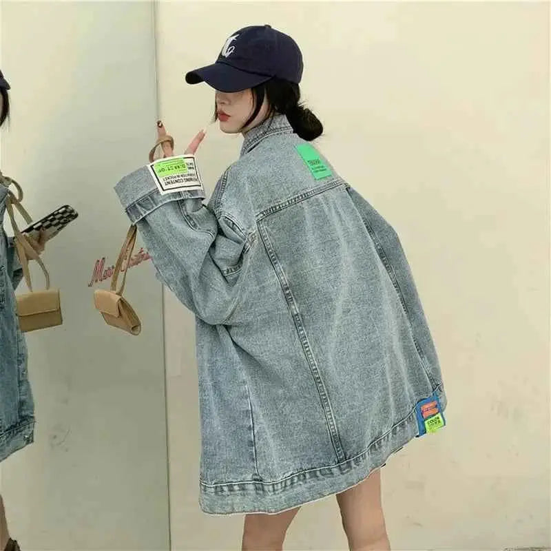 Oversized Denim Jacket for Women Korean Style Loose Fit Long Sleeve Button Down Jean Jacket 2026 New