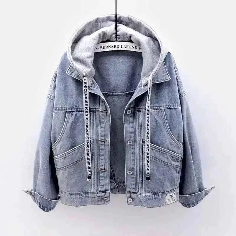 Women Hooded Denim Jacket Spring Autumn With Long Sleeves And Big Pockets Korean Style Single Breasted