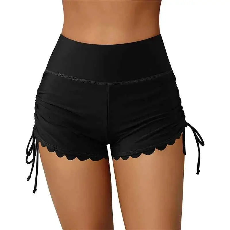 Women Swim Shorts High Waist Drawstring Wavy Hem Solid Beach Trunks For Surfing And Swimming