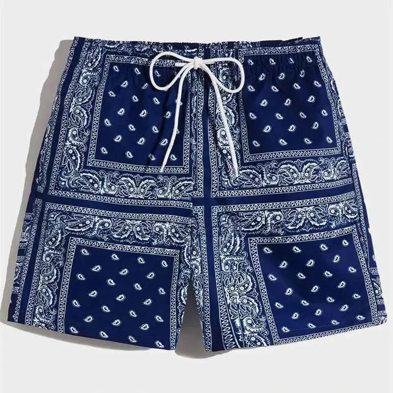 Mens Classic Perris Pattern Beach Shorts With Drawstring Board Shorts For Hawaii Vacation Swim Trunks