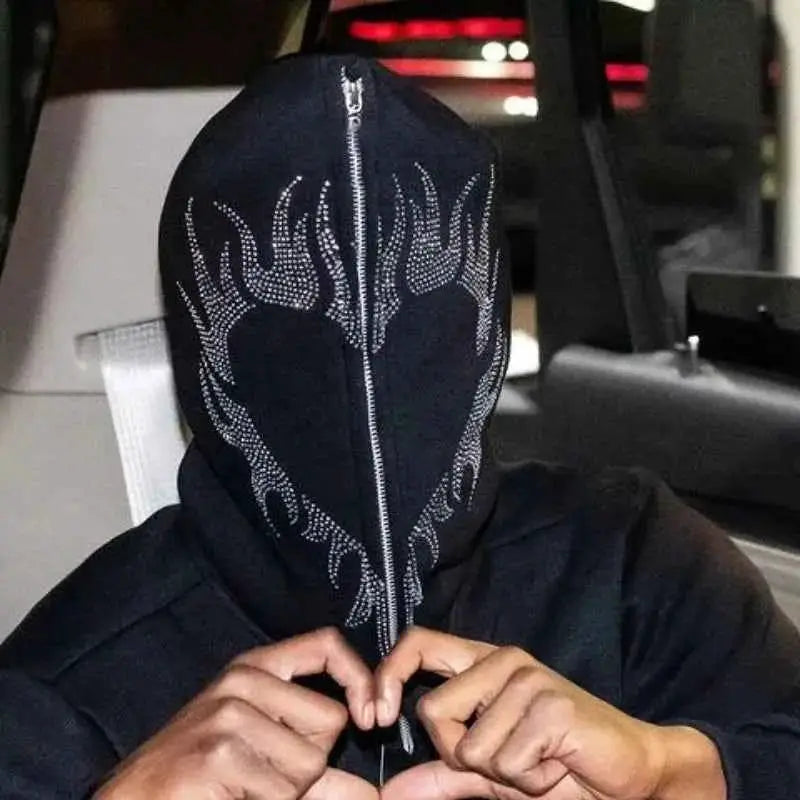 Y2K Jacket For Men Zip Hoodie Rhinestone Pattern Goth Sweatshirt Long Sleeve Oversized Pullover Hoodie