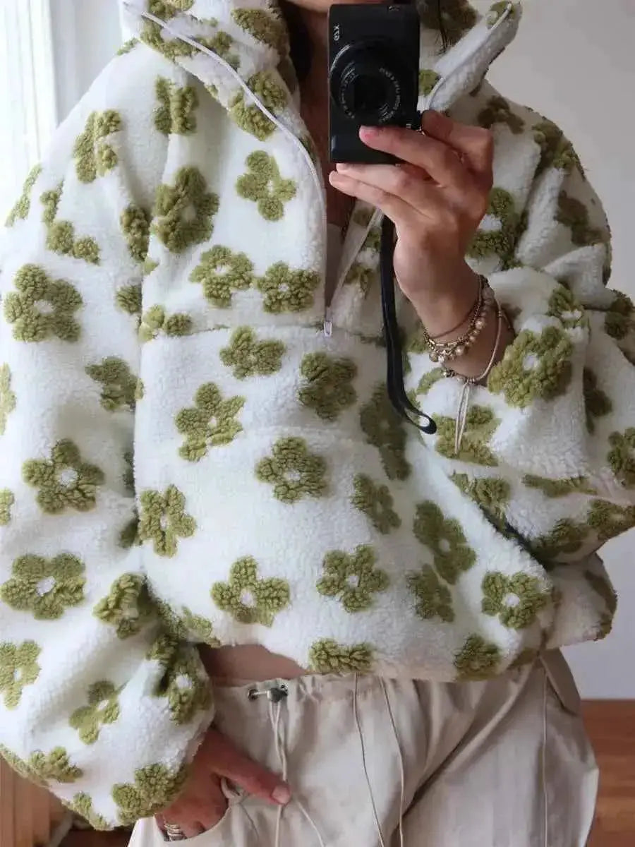 Women's Floral Sherpa Half Zip Sweatshirt Teddy Fleece Cozy Warm Soft | TeenStylo — TeenStylo