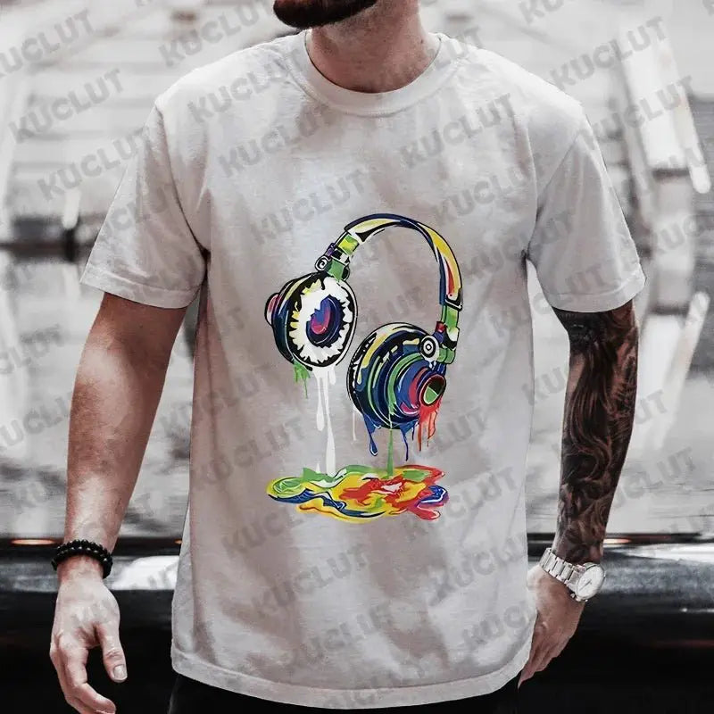 Men's Oversized Hip Hop Graphic Tee Melting Headset Print Casual Streetwear T Shirt | TeenStylo - TeenStylo