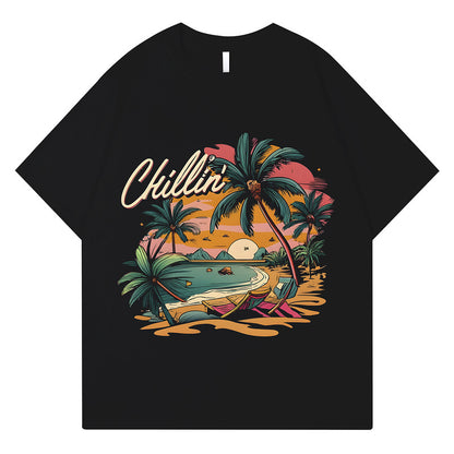 Black print crew neck casual short sleeve unisex t-shirt lifestyle shot | TeenStylo