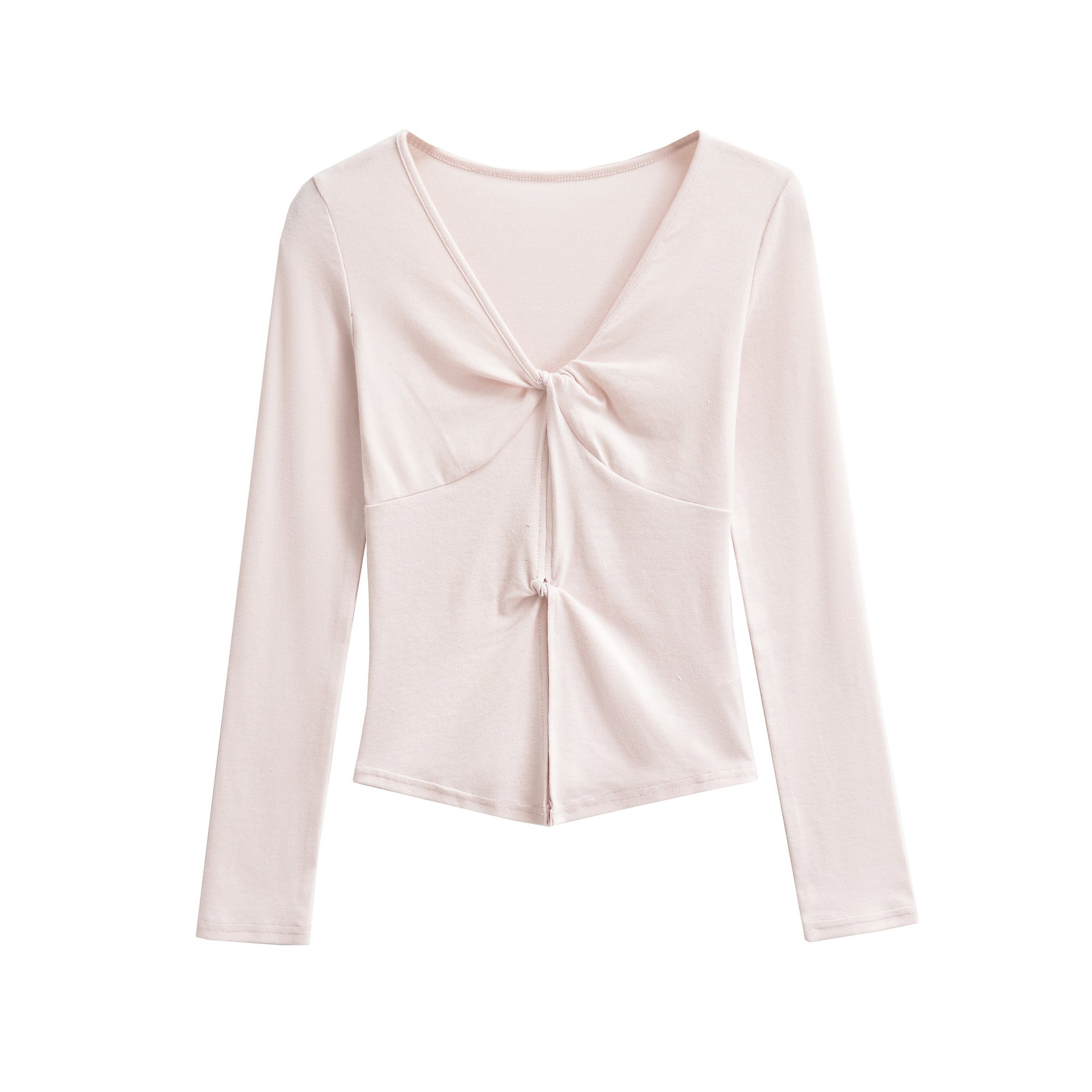 White women's V-neck long sleeve T-shirt front view, minimalist streetwear essential | TeenStylo